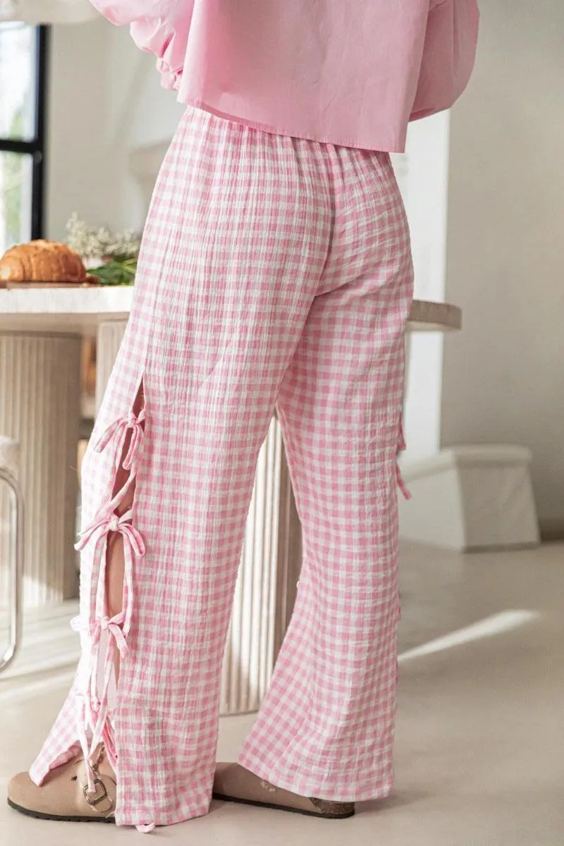 Ladies Gingham Elastic Waist Wide Leg Pants 60052