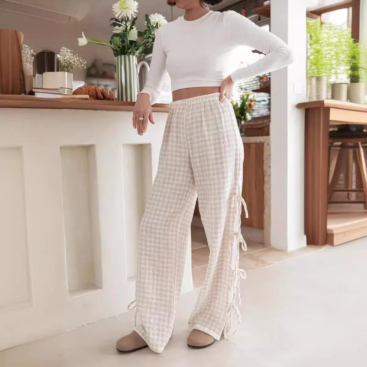 Ladies Gingham Elastic Waist Wide Leg Pants 60052