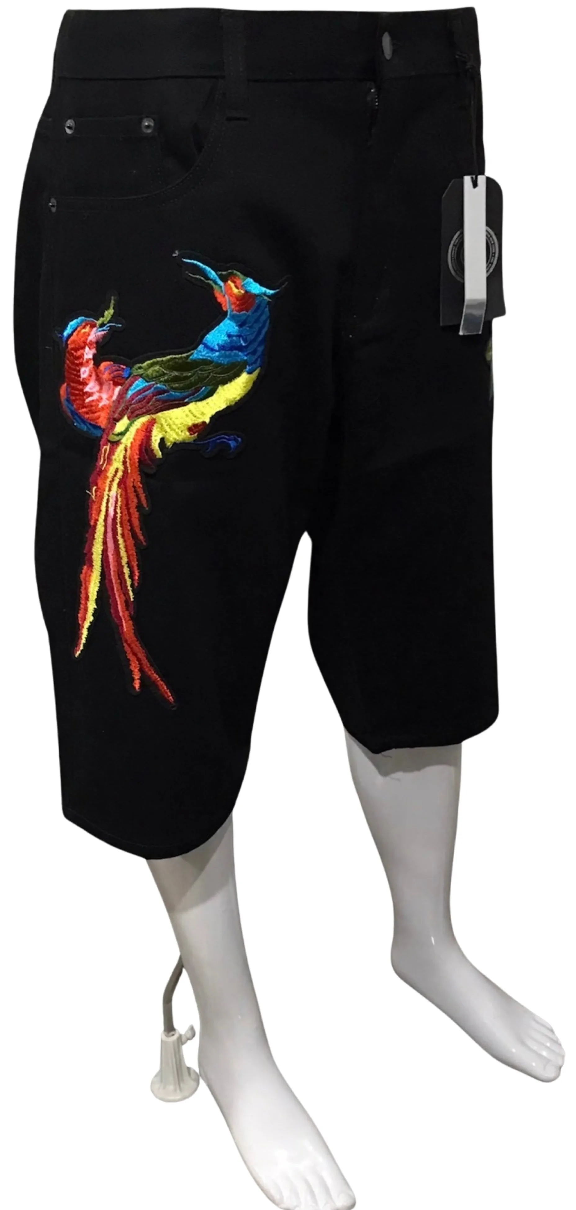 ^MAXI MILIAN^ (BLACK) ~PEACOCK~ DENIM SHORTS (SLIM FIT) (EMBROIDERED)