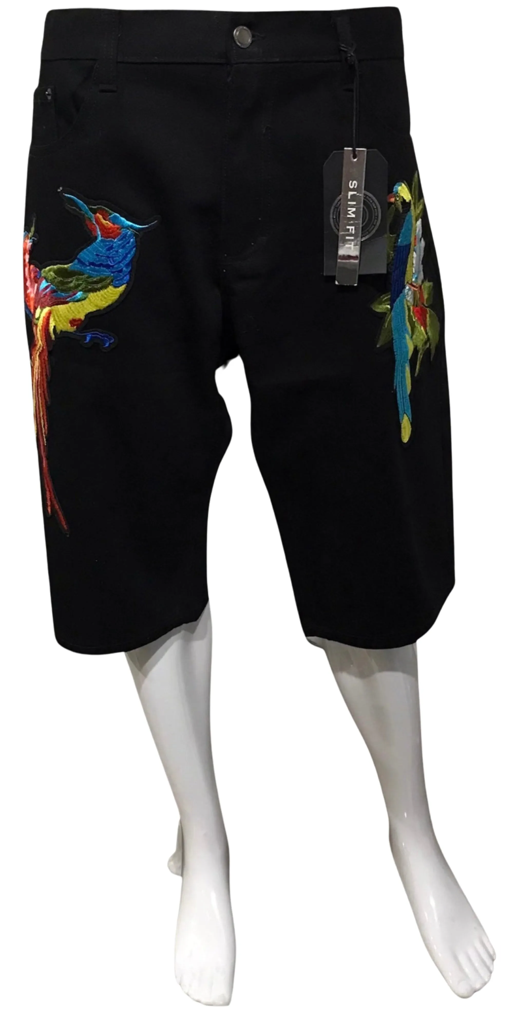 ^MAXI MILIAN^ (BLACK) ~PEACOCK~ DENIM SHORTS (SLIM FIT) (EMBROIDERED)