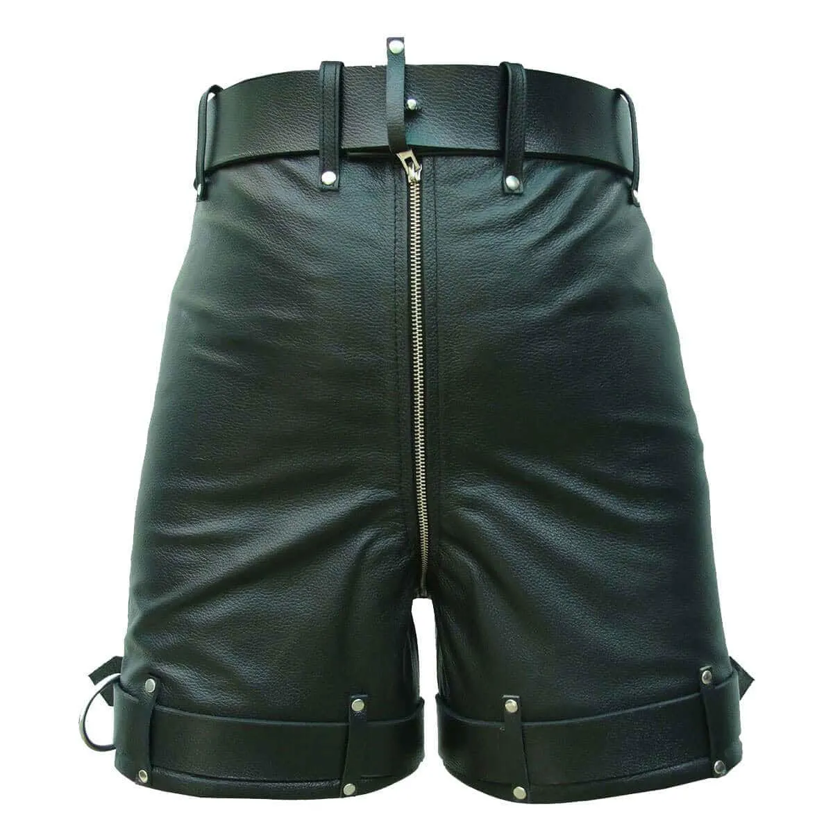 Mens Chastity Bondage Shorts Black Leather Locking REAR ZIP - CS1- BLK