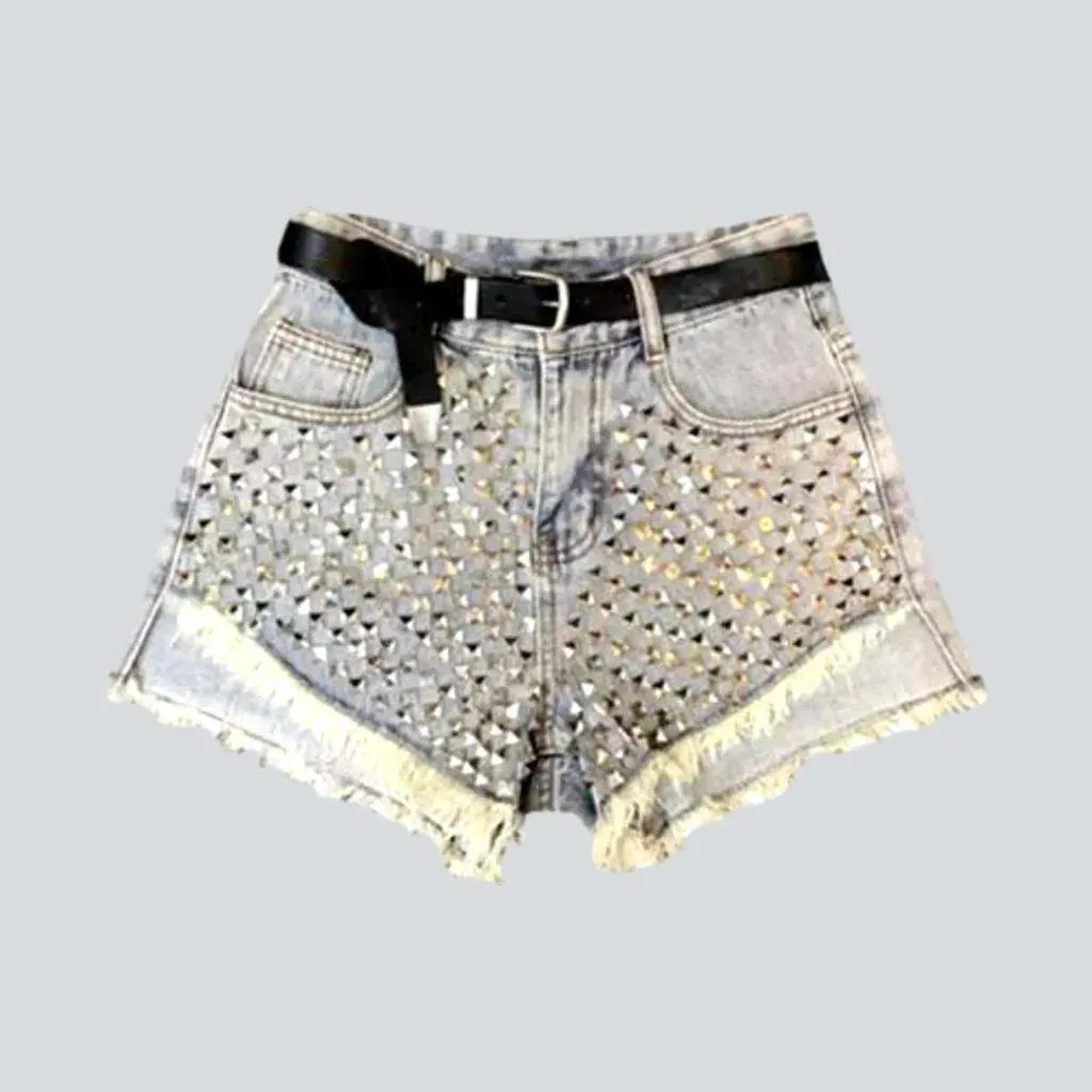 Metal embellished asymmetric denim shorts