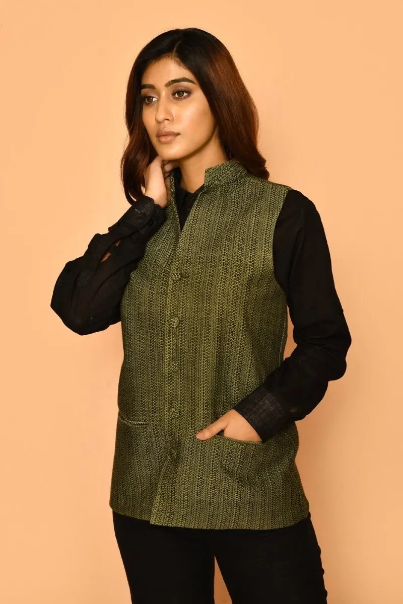 Olive Green Handloom Cotton Nehru Jacket for Women