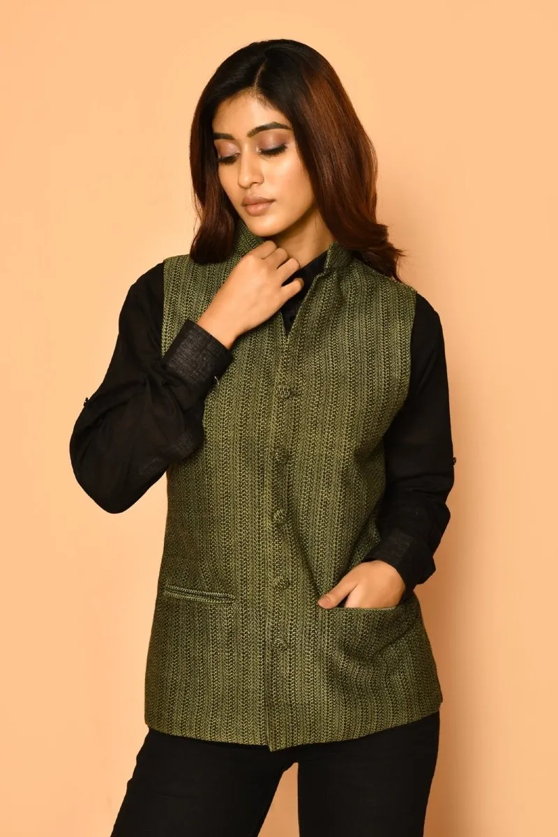 Olive Green Handloom Cotton Nehru Jacket for Women