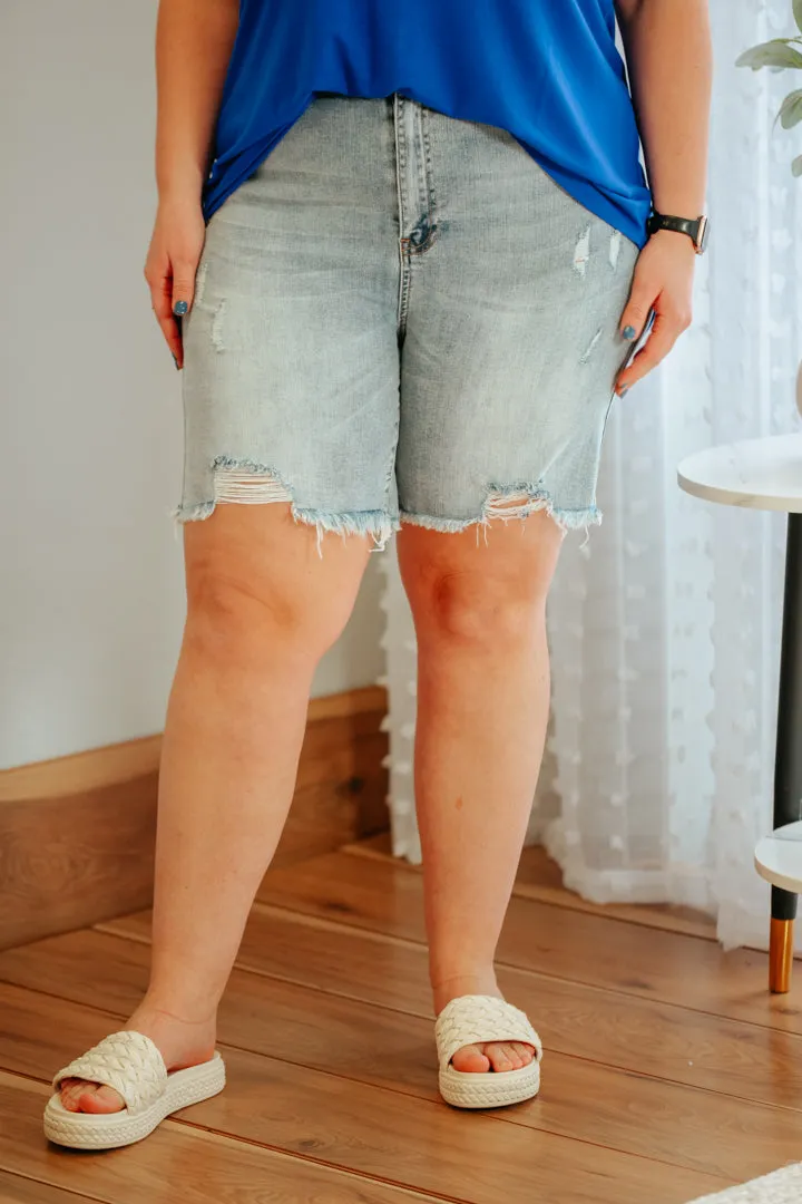 PLUS High Waist Distressed Long Shorts