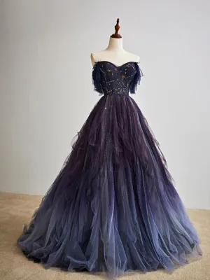 Purple Gradient Tulle Long Prom Dress Beautiful A-Line Evening Party Dress