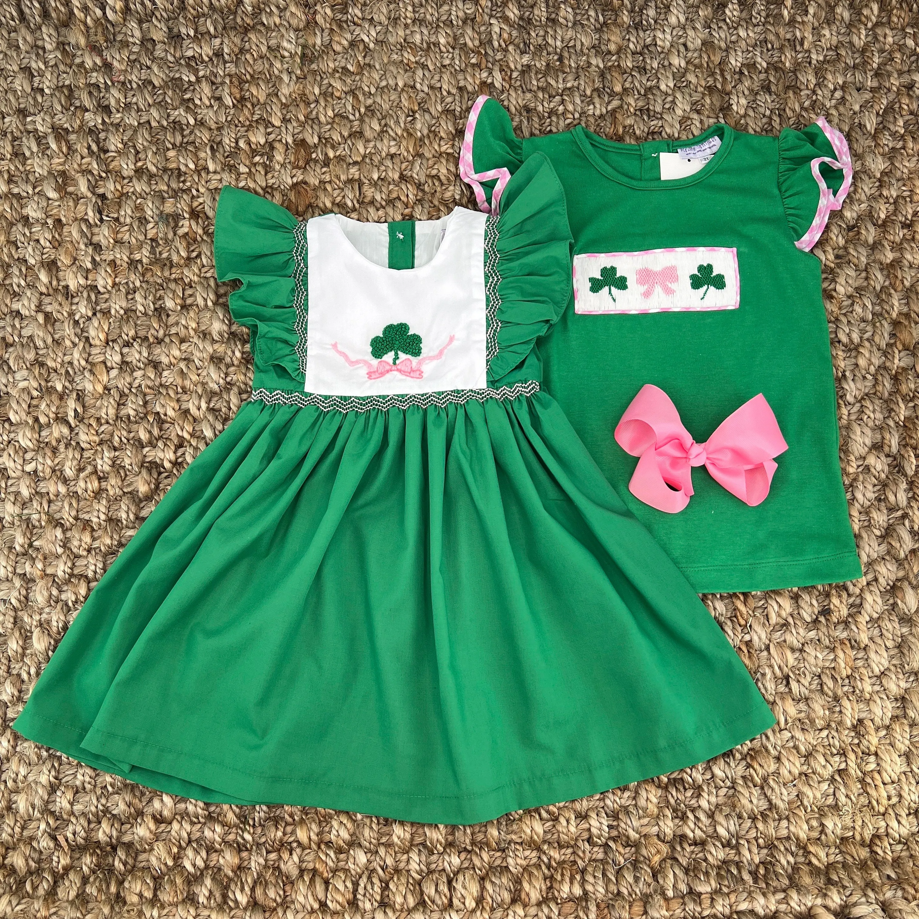 Shamrock Smocked Avignon Dress -French Knot Shamrock and Embroidered Bow!