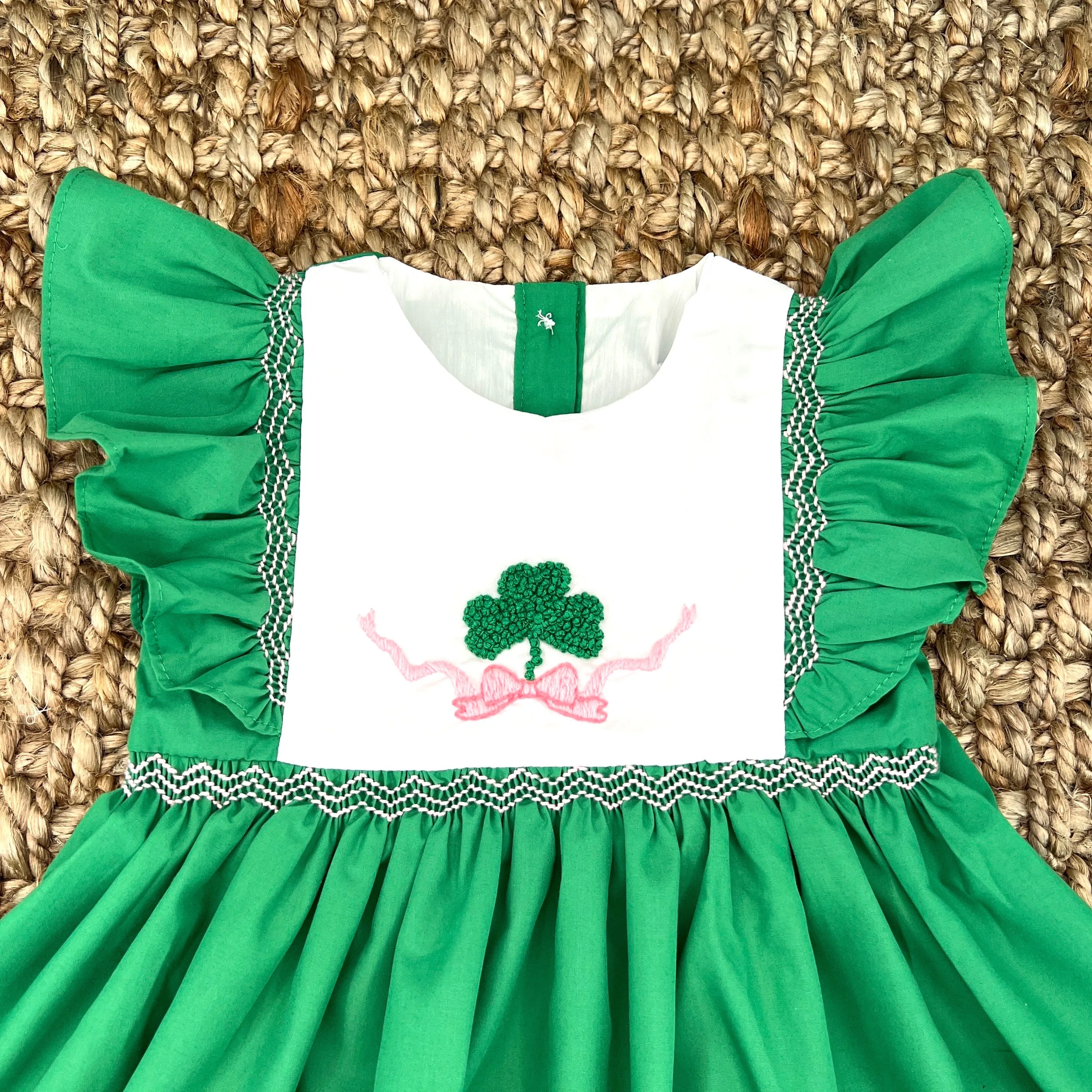 Shamrock Smocked Avignon Dress -French Knot Shamrock and Embroidered Bow!