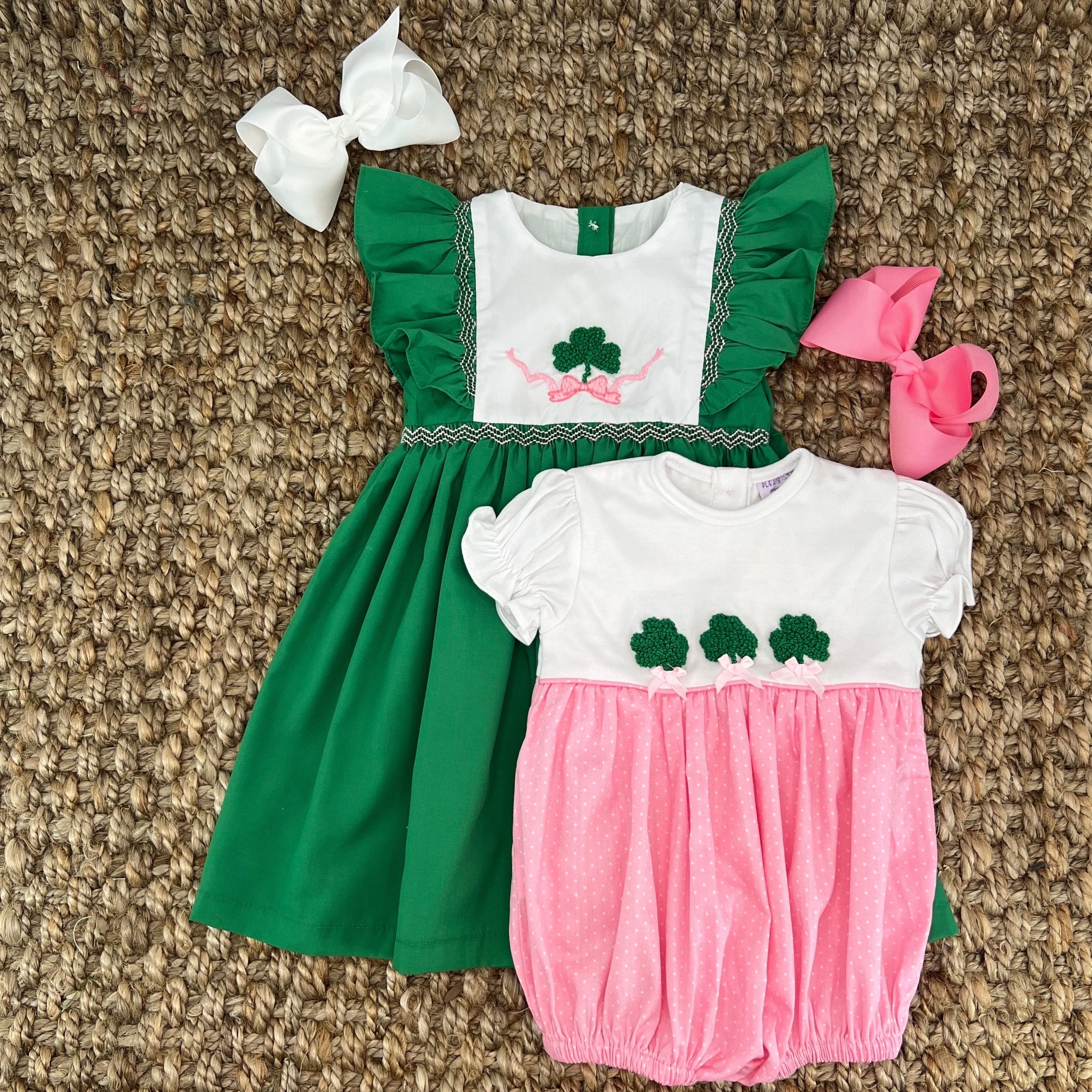 Shamrock Smocked Avignon Dress -French Knot Shamrock and Embroidered Bow!