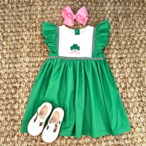 Shamrock Smocked Avignon Dress -French Knot Shamrock and Embroidered Bow!