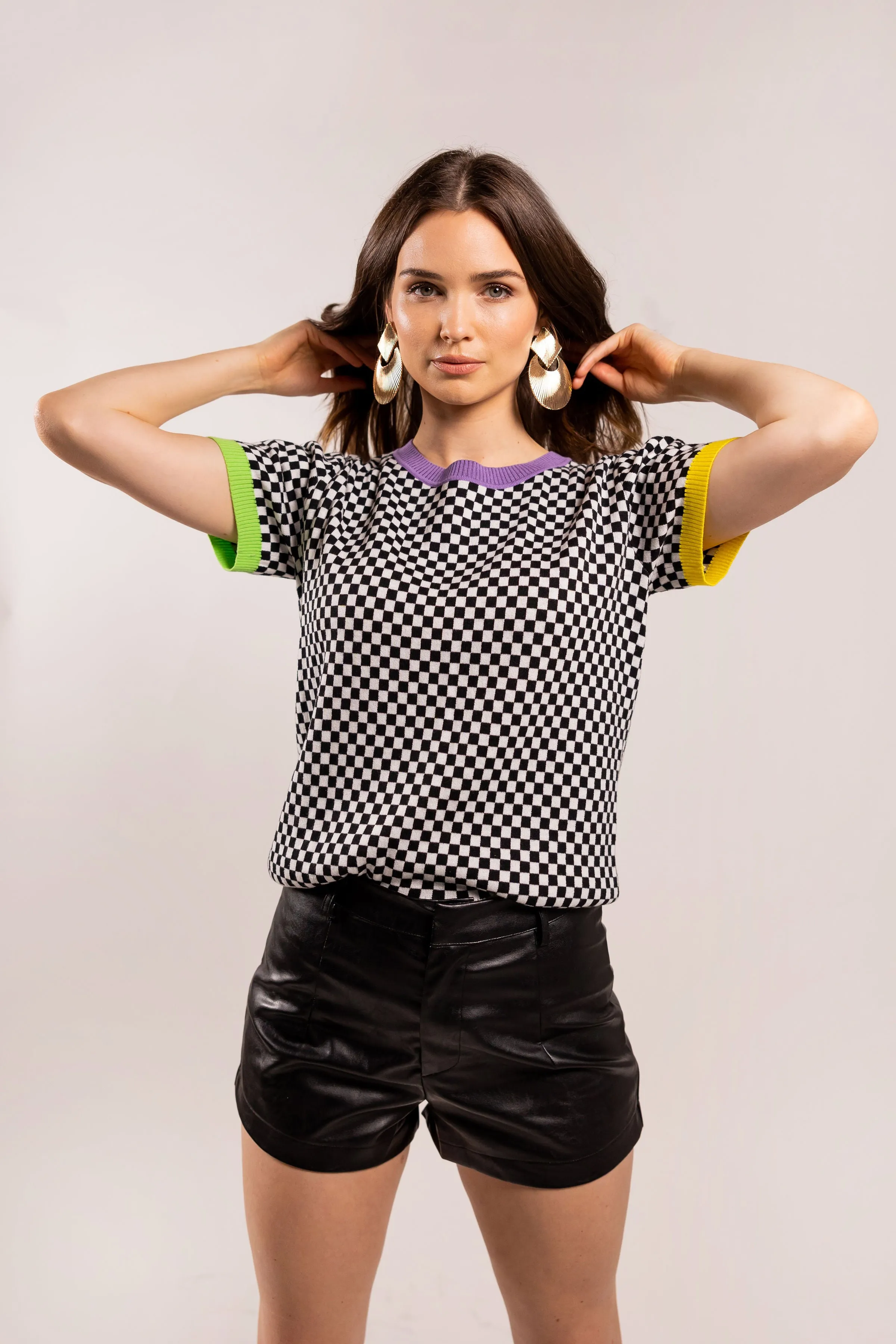 Short Sleeve Mardi Gras Checkered Sweater