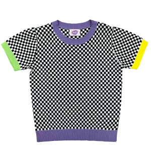 Short Sleeve Mardi Gras Checkered Sweater