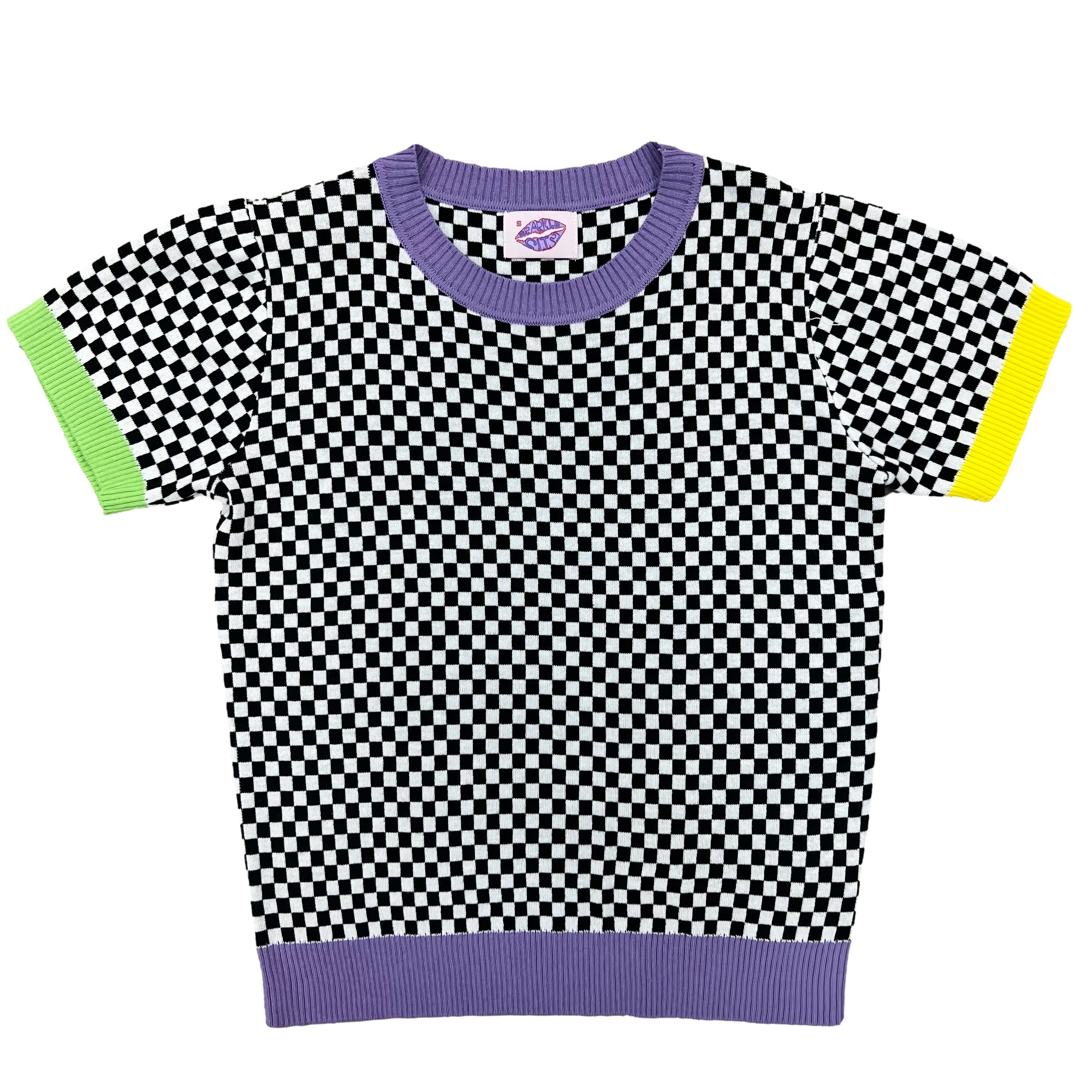 Short Sleeve Mardi Gras Checkered Sweater