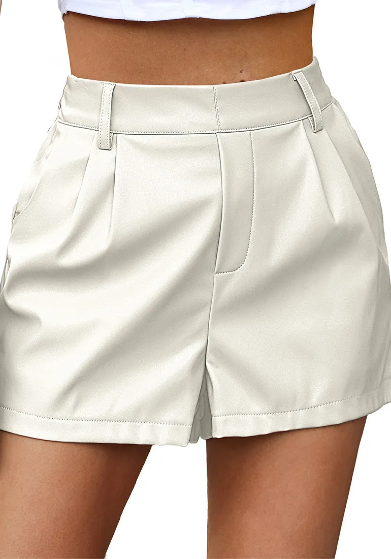 Snow White Women's High Waisted PU Leather Shorts Stretch Pocket Pleat Shorts