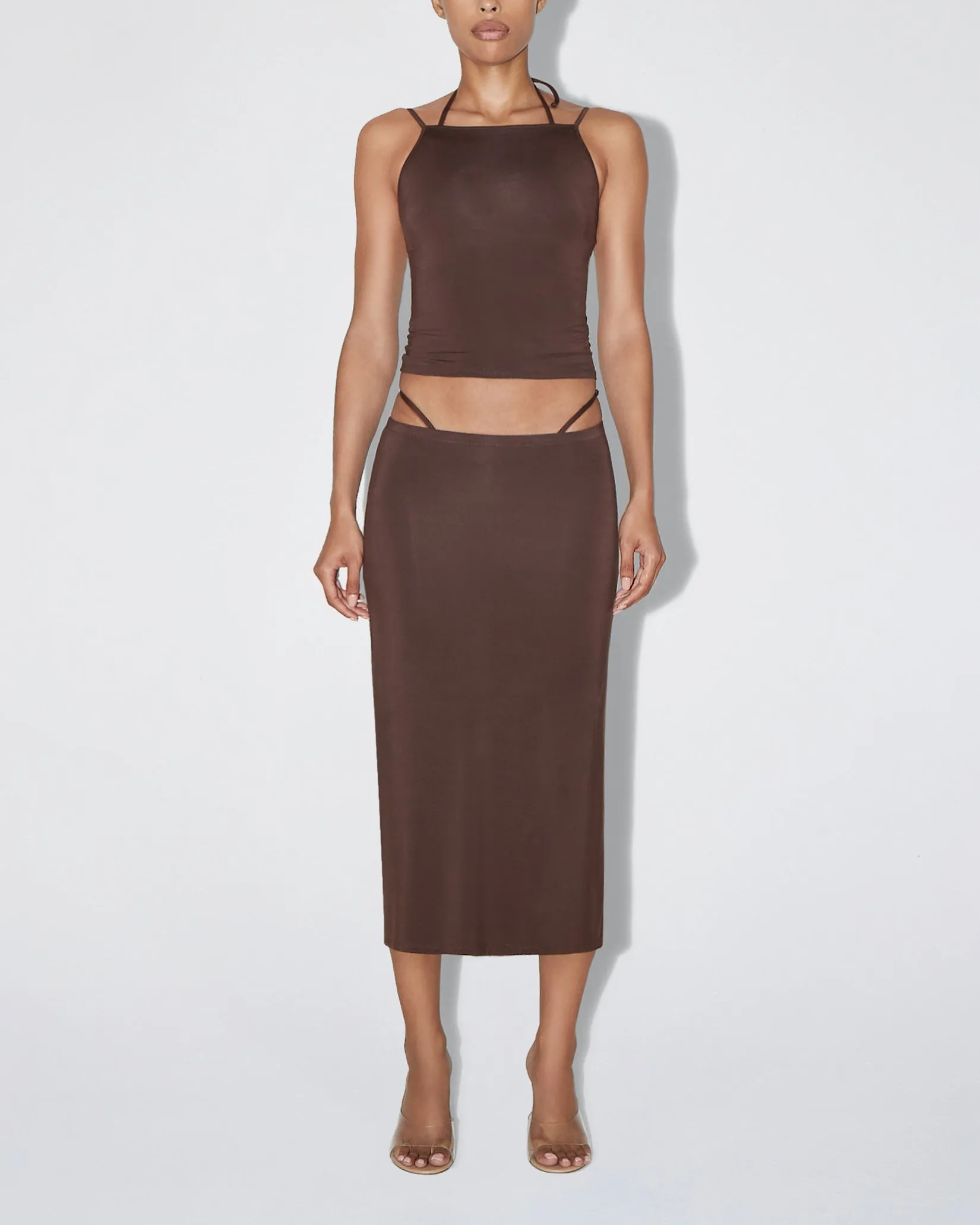 Soft Stretch Midi Skirt | Chocolate