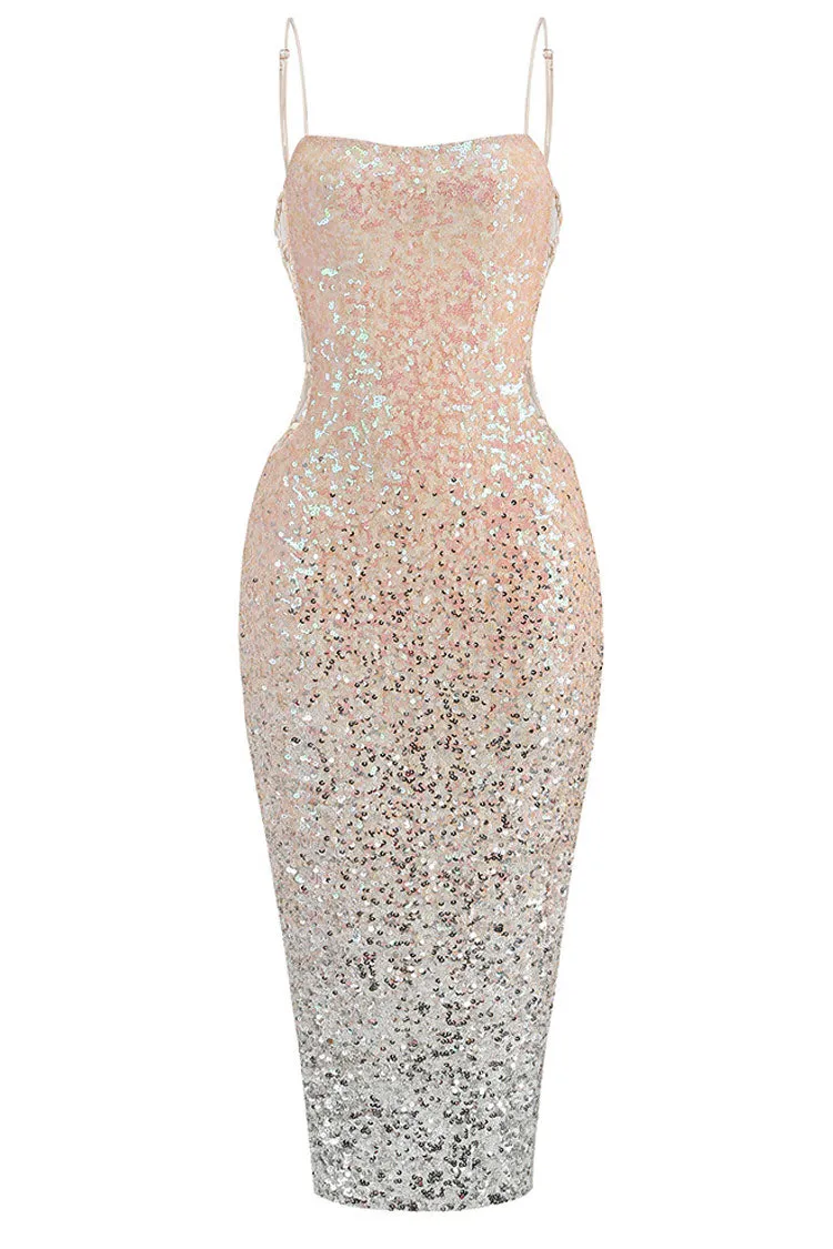 Sparkly Ombre Sequin Spaghetti Strap Cutout Side Cocktail Midi Dress - Pink