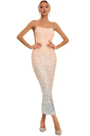 Sparkly Ombre Sequin Spaghetti Strap Cutout Side Cocktail Midi Dress - Pink