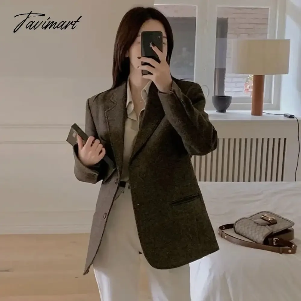 TAVIMART -  Spring Autumn New Style Women's Dark Brown Woolen Suit Jacket Fashionable Retro Textured Woolen Small Suit