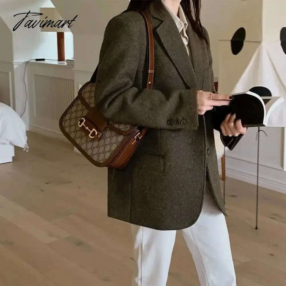 TAVIMART -  Spring Autumn New Style Women's Dark Brown Woolen Suit Jacket Fashionable Retro Textured Woolen Small Suit