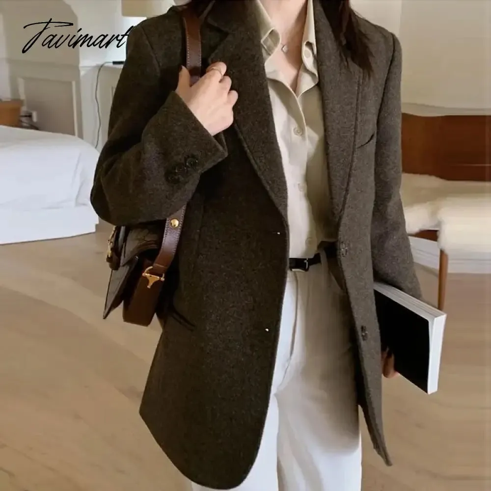 TAVIMART -  Spring Autumn New Style Women's Dark Brown Woolen Suit Jacket Fashionable Retro Textured Woolen Small Suit