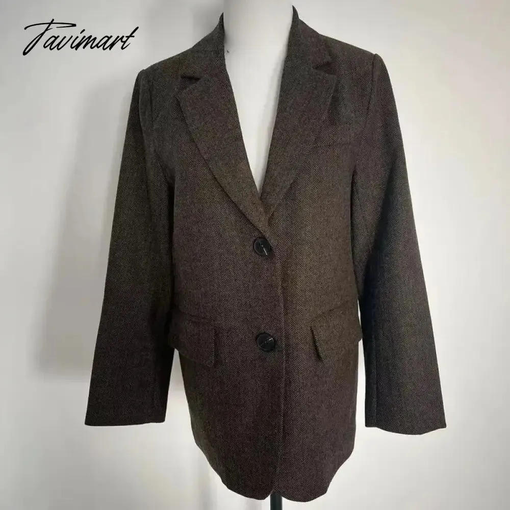 TAVIMART -  Spring Autumn New Style Women's Dark Brown Woolen Suit Jacket Fashionable Retro Textured Woolen Small Suit