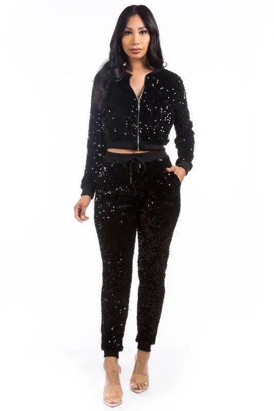 TEEK - BLACK SEQUIN TWO PIECE PANT SET