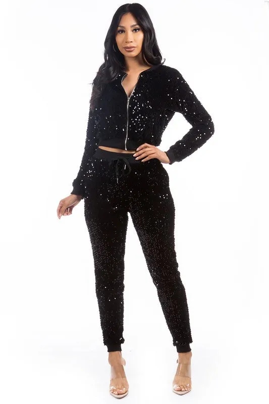 TEEK - BLACK SEQUIN TWO PIECE PANT SET