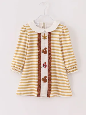 Yellow Stripe Squirrel Leaves Dress